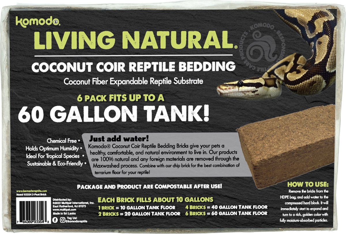 Komodo Coir Peat Reptile Bedding， Brown， 6-gal， 6 count，