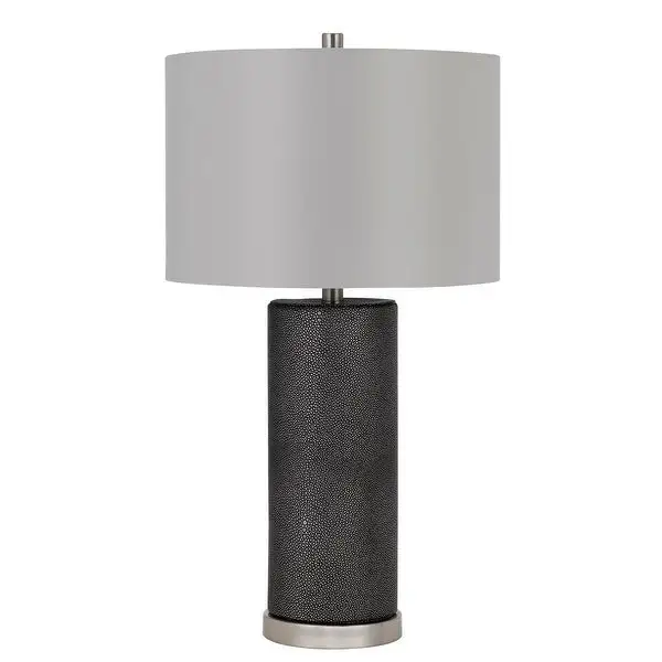 27 Inch Ceramic Table Lamp， Faux Leather Wrapped， Dimmer， Grey