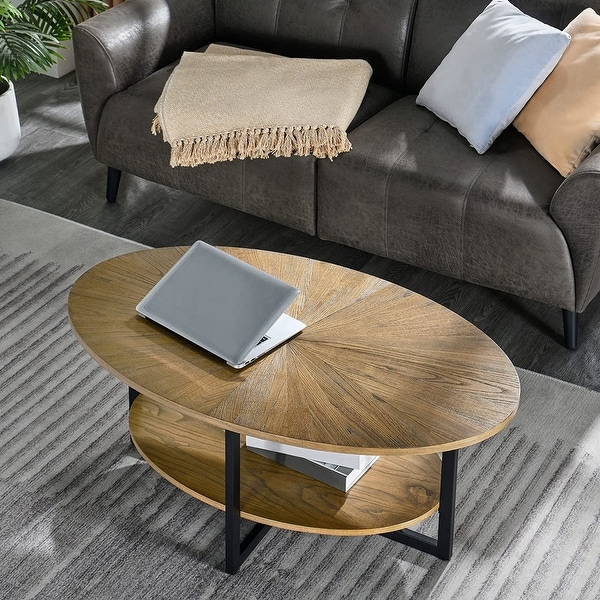 Solid Wood Oval Coffee Table with Cross Metal Legs