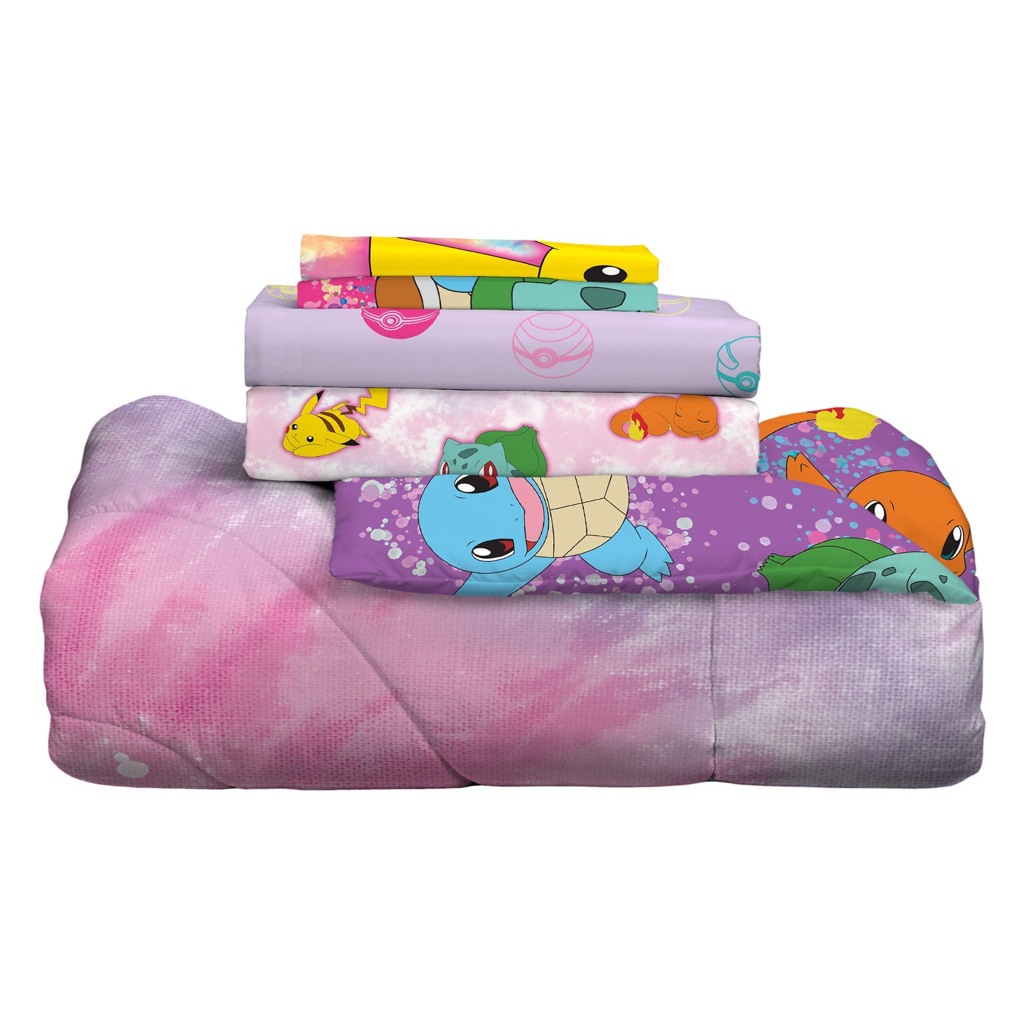 Pokémon Kids Full Bed in a Bag, Tie-Dye, Gaming Bedding, Comforter and Sheets, Purple