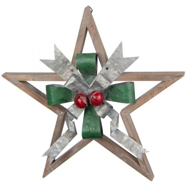 AandB Home Wood Star with Green Iron Bow