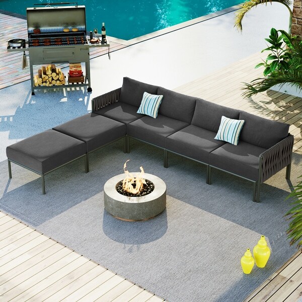 Gray 6piece Outdoor Conversation Sofa Set with Waterproof Thick Cushions，and Elegant Rope Weave Detailing，Free Combination