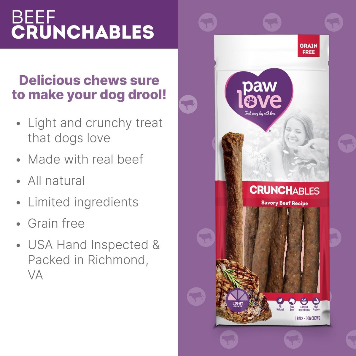 PawLove 10-in Beef Crunchables Dog Treat， 5 count