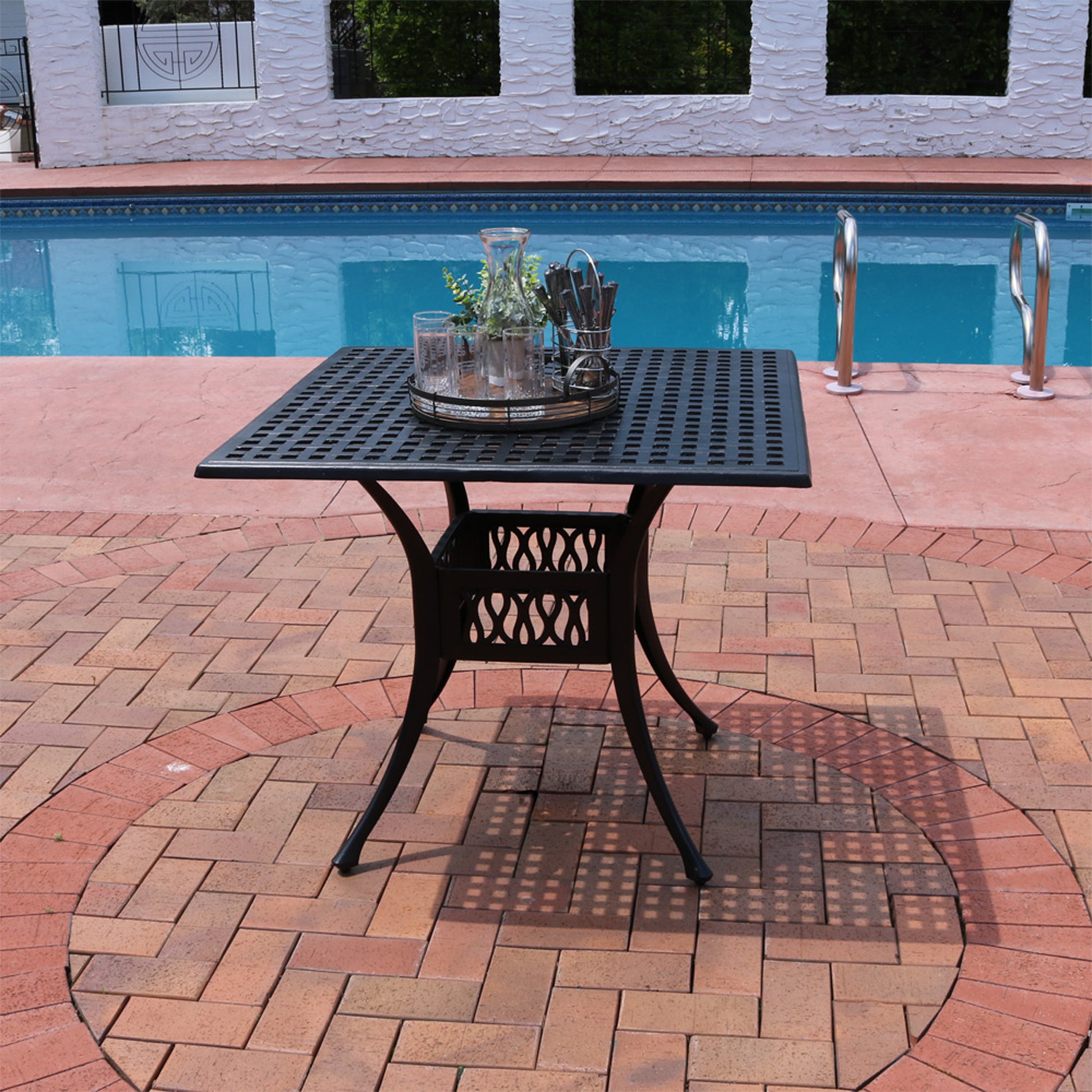 Sunnydaze Square Cast Aluminum Outdoor Patio Dining Table with Umbrella Hole, Black