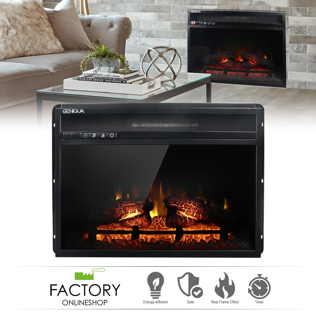 Geniqua 24" Wall Insert 1400W Electric Fireplace Heat w/Remote LED Flame Timer Heater