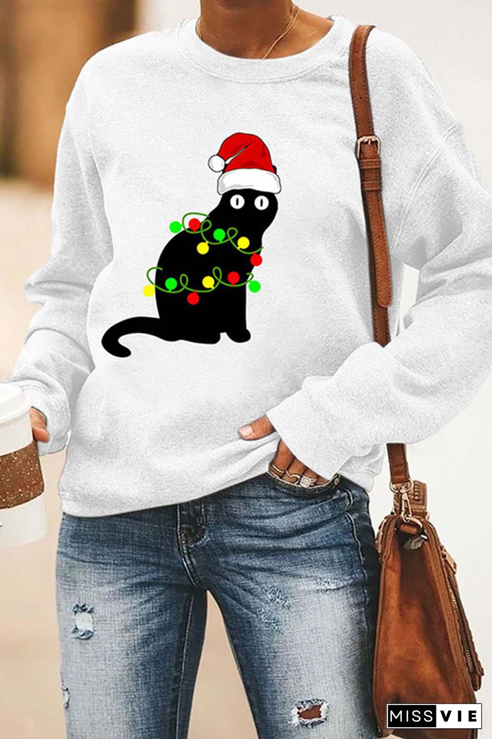 Black Santa Cat Tangled Up In Lights Christmas Santa Sweatshirt Wholesale