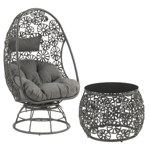 2 Piece Patio Lounge Chair with Open Circular Motifs， Black