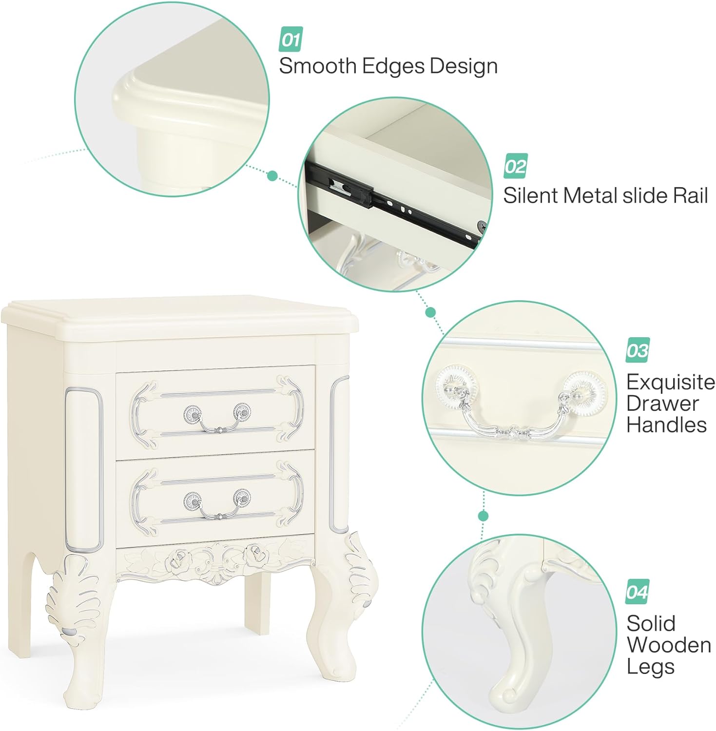 Carved Nightstand, White Bedside Table End Table with 2 Drawers