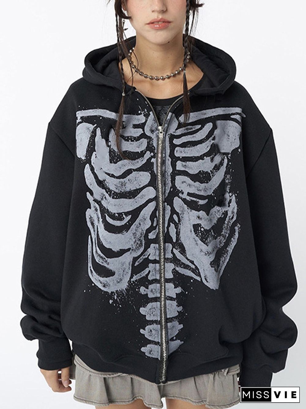 Skeleton Print Zip Up Loose  Oversized Hoodie