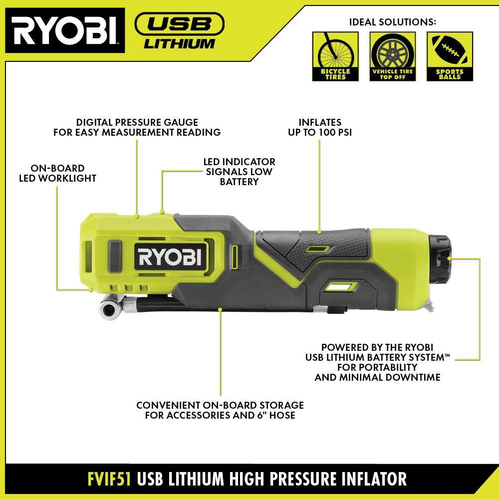 RYOBI USB Lithium Cordless High Pressure Portable Inflator Kit with 2.0 Ah USB Lithium Battery and Charging Cable FVIF51K