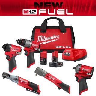 MW M12 FUEL 12-Volt Li-Ion Brushless Cordless Hammer DrillImpact DriverImpact WrenchRatchet Combo Kit (5-Tool) 3497-22-2564-20-2557-20-2554-20