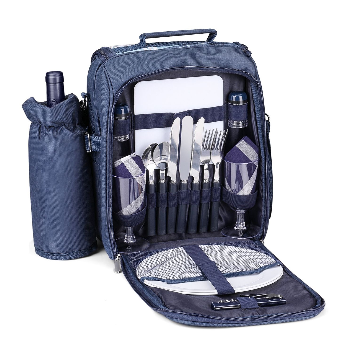 Travel Picnic Backpack For 2 Person (Blue) Wine Picnic Basket Bag With Plates， Flatware Cutlery， Glass Set， Insulated Compartment， Detachable Bottle Wine Holder