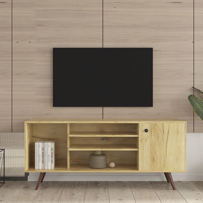 FC Design Mid-Century TV Stand for TVs up to 60 Inches， Entertainment Center with Open Storage Shelves and Cabinet， Modern TV Console for Living Room， Rustic Oak.