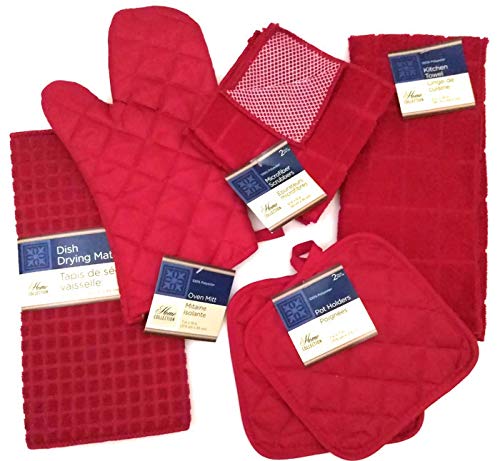 Kitchen Towel Set with 2 Quilted Pot Holders， Oven Mitt， Dish Towel， Dish Drying Mat， 2 Microfiber Scrubbing Dishcloths (Red)