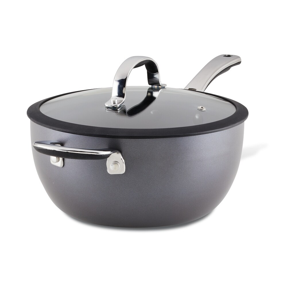 Rachael Ray Cook + Create Hard Anodized Nonstick Saucier Sauce Pan with Lid and Helper Handle  4.5 Quart  Black