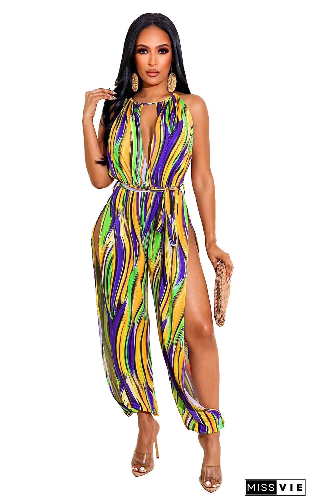 Tie Dye Print Sleeveless Lace Up Loose Jumpsuit