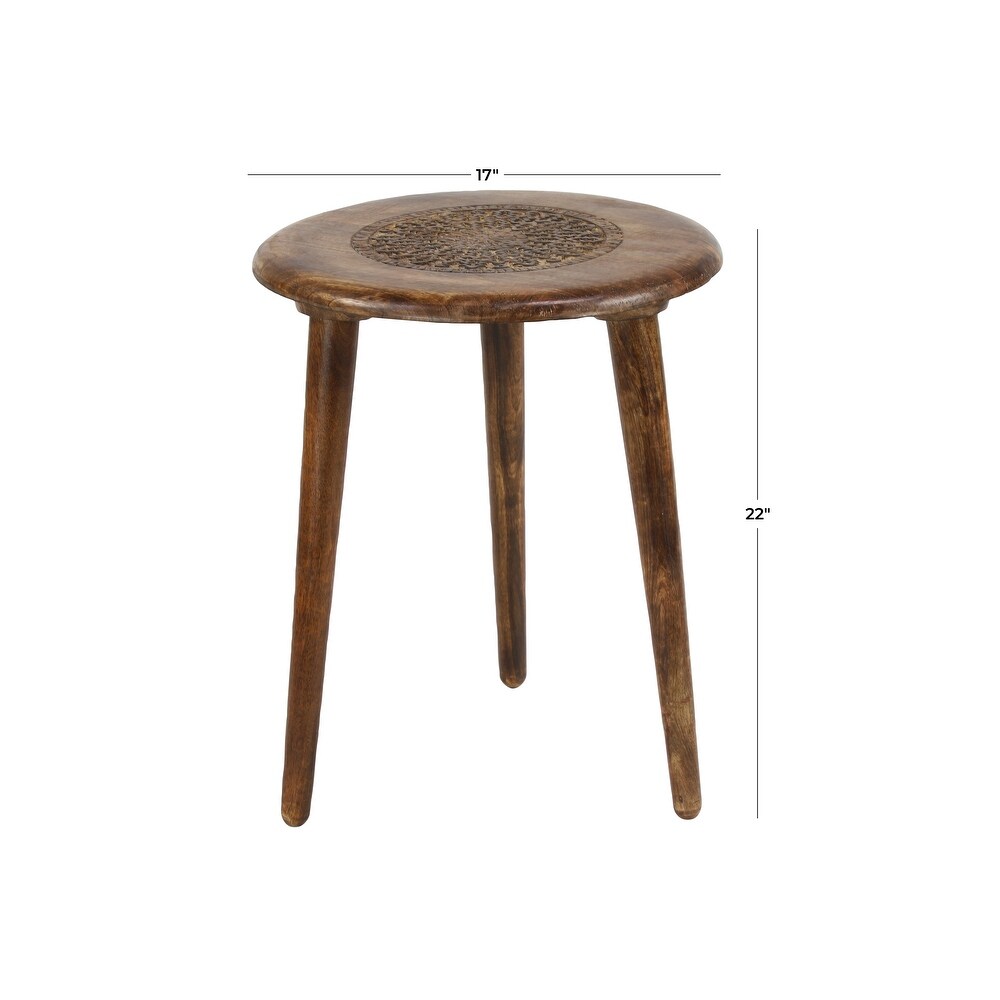 Wood Handmade Intricately Carved Floral Accent Table with 3 Slender Legs