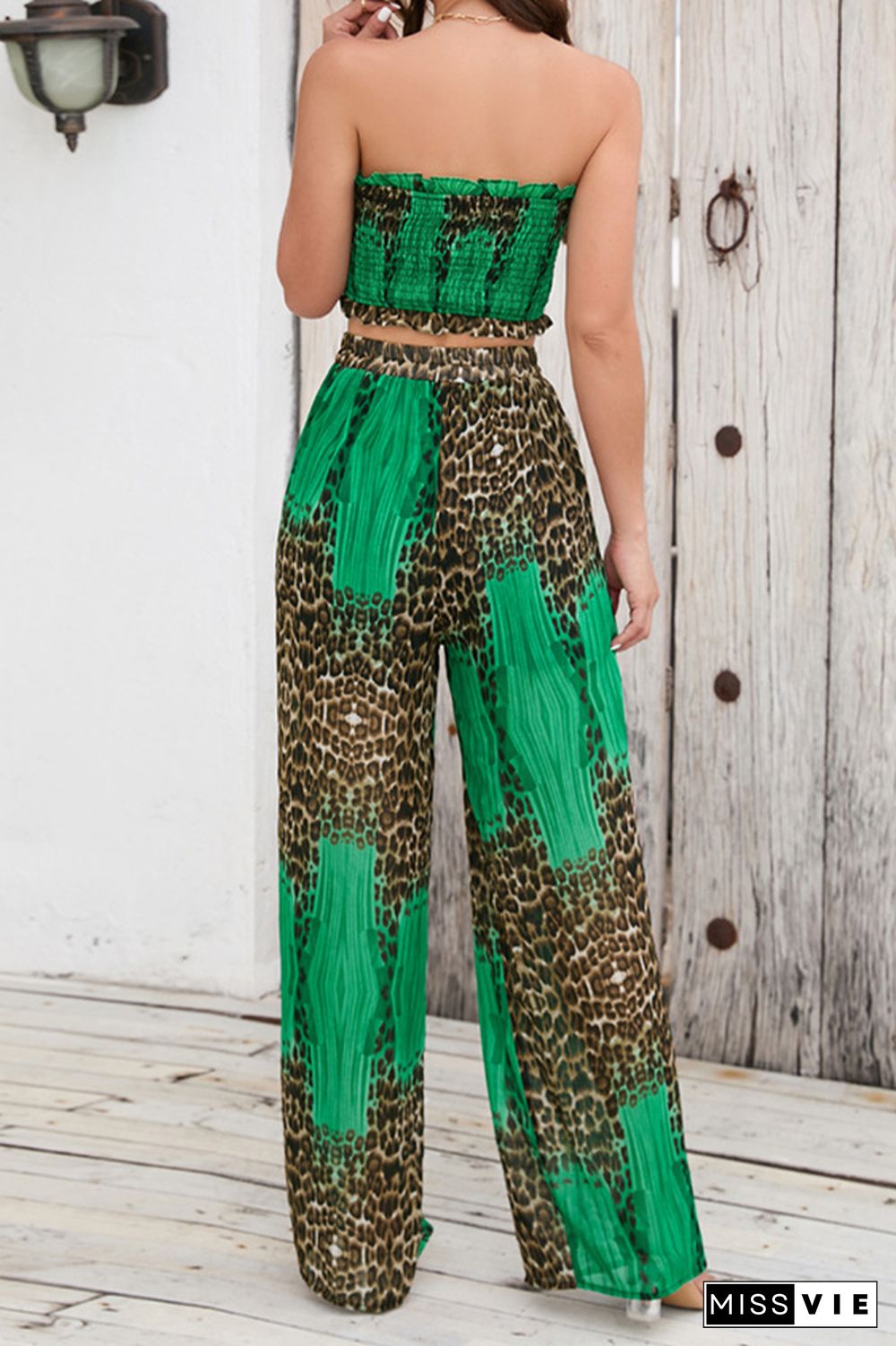 Halter Neck Tube Top and Wide Leg Pants Leopard 2PCS Set