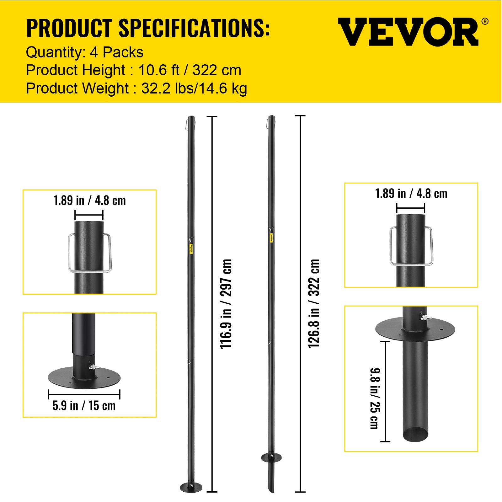 VEVOR String Light Poles， 4 Pack 10.6ft， Outdoor Powder Coated Steel Lamp Post with Hooks to Hang Lantern and Flags， Decorate Garden， Backyard， Patio， Deck， for Party and Wedding， Black