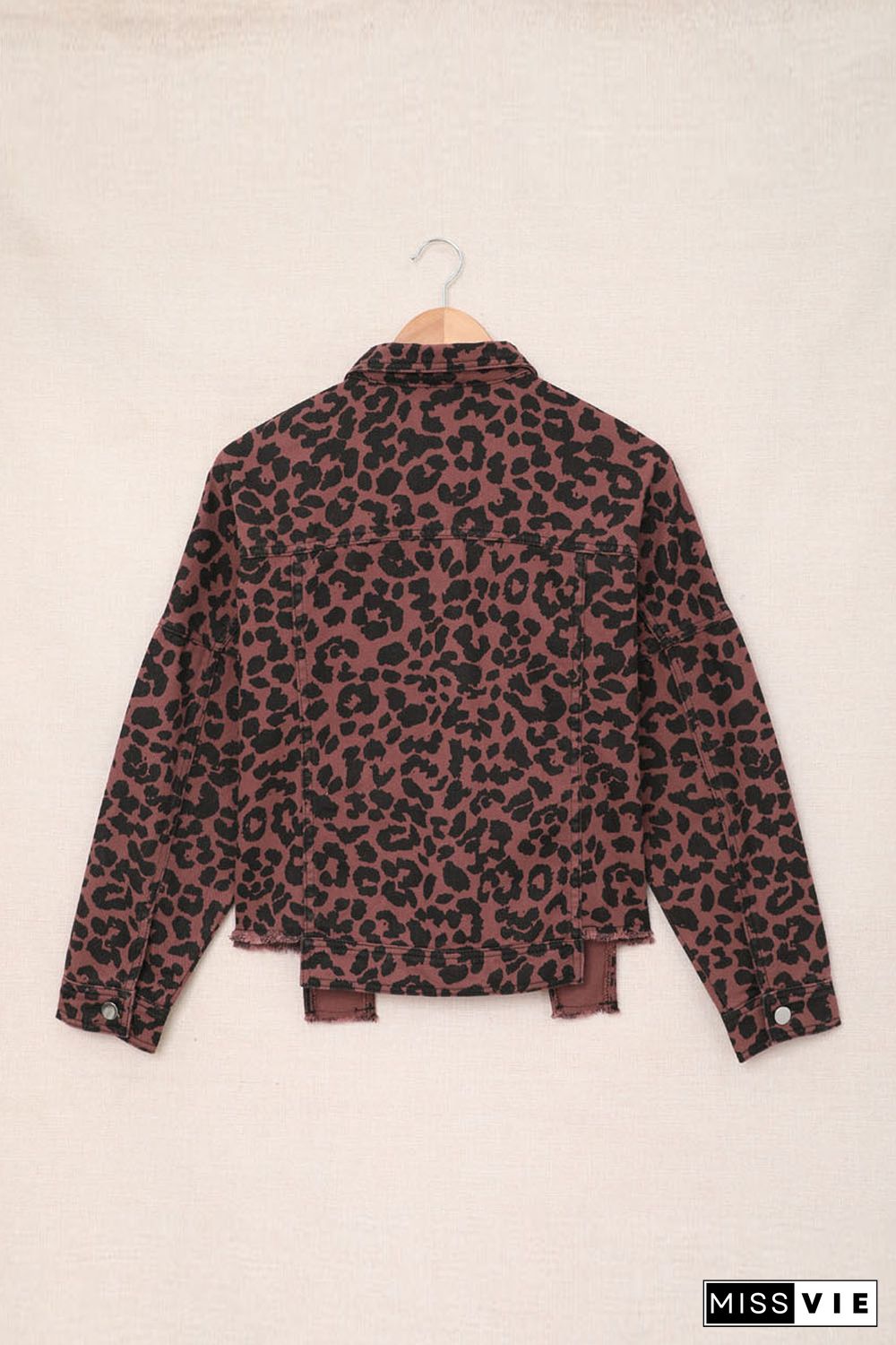 Brown Leopard Print Raw Hem Buttoned Cropped Jacket