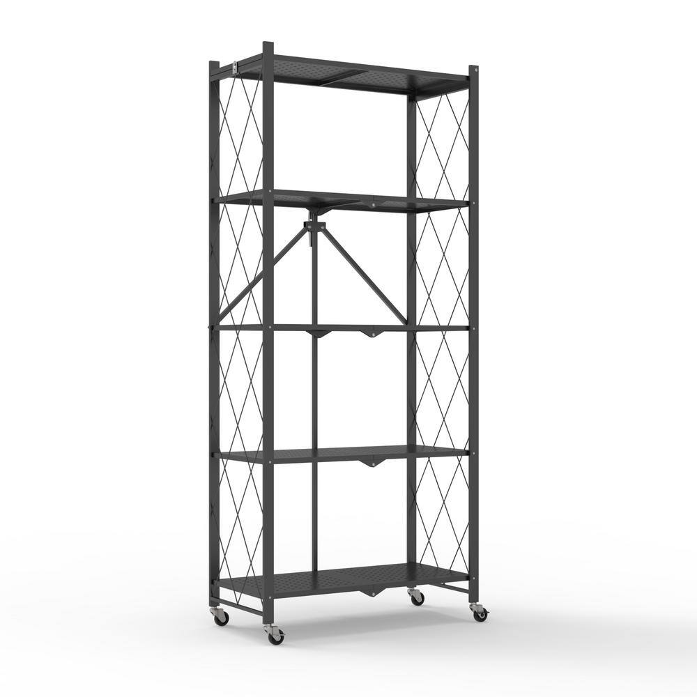 FUFUGAGA 64.3 in. H Black Metal 10-Shelf Freestanding Standard Bookcase Foldable Metal Shelf Shelving Unit With Wheels KF210019-02-xin