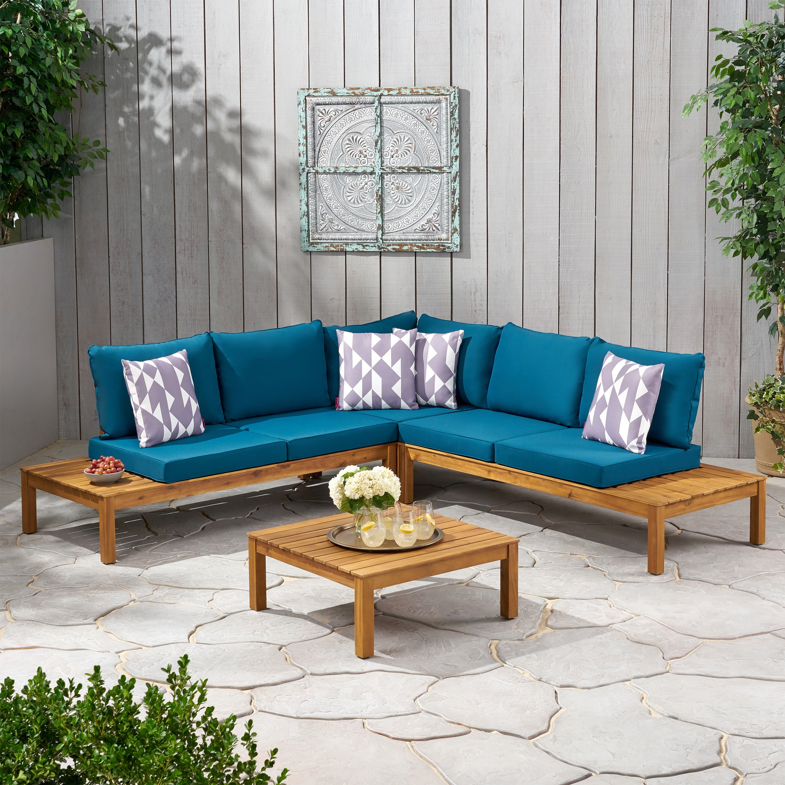 Vashti Outdoor 5 Seater V Shaped Acacia Wood Sectional Sofa Set with Cushions