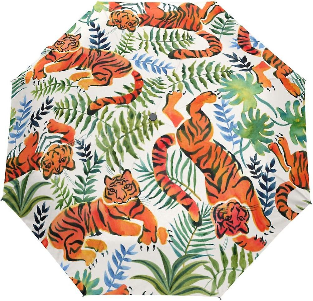 Travel Umbrella Automatic Windproof Foldable Umbrella Watercolor Tigers Leaves