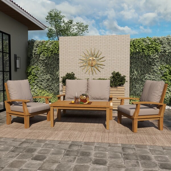 Brown Teak Wood Arm Chair and Loveseat Outdoor Seating Set with Cushions and Coffee Table (Set of 4)