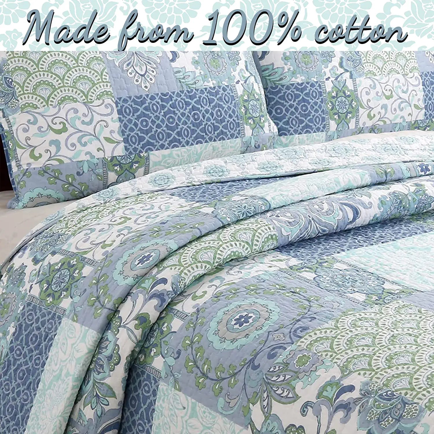 Cozy Line Home Fashions Windfall Blue Green Floral 3-Piece 100% Cotton Quilt Bedding Set， King