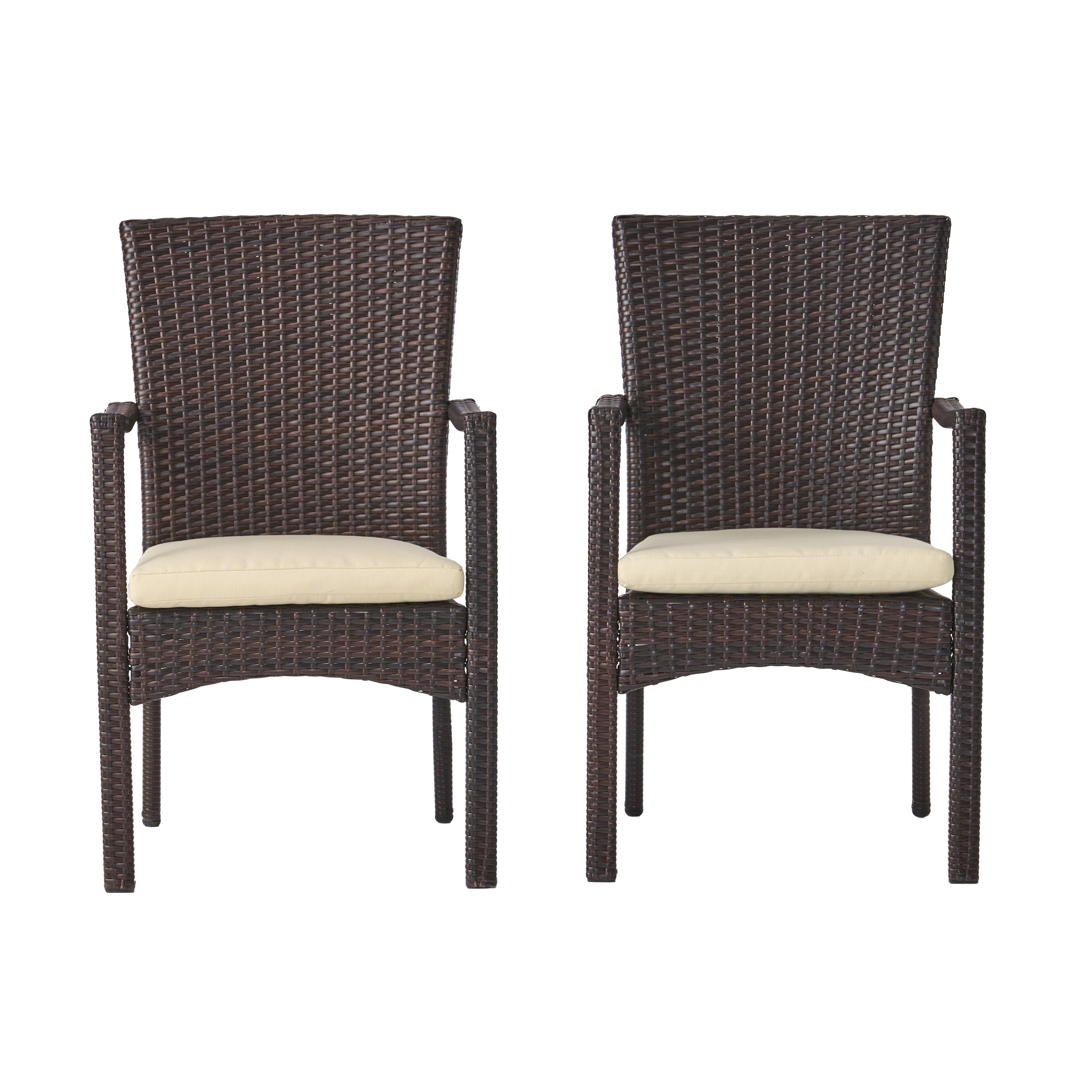 Melba Outdoor Brown Wicker Dining Chair with Beige Cushion (Set of 2)