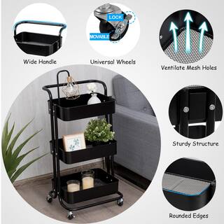 HONEY JOY 3-Tier Metal Rolling Utility Storage Cart Service Trolley Cart with Lockable Wheels in Black TOPB002996