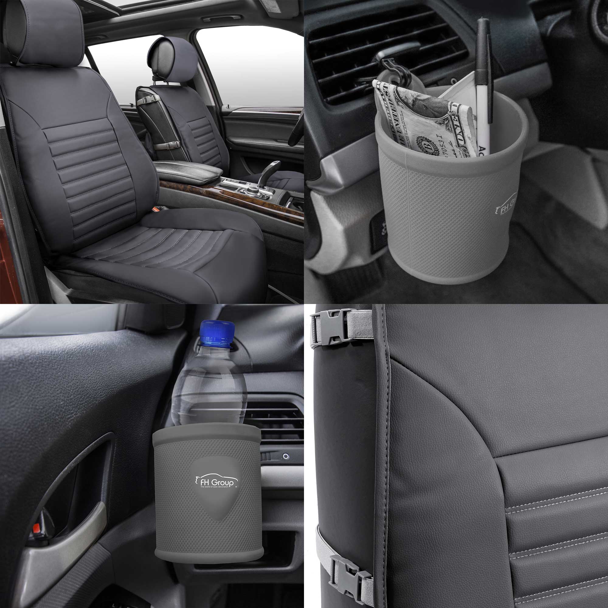 FH Group， Leather Cushion Car Seat Pad Covers Front Buckets Gray W/ Travel Cup Holder