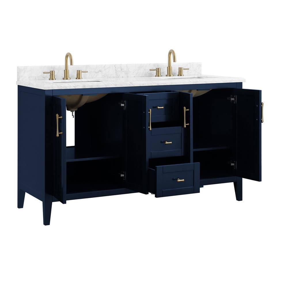 Home Decorators Collection Sturgess 61 in W x 22 in D Bath Vanity in Navy Blue with Marble Vanity Top in Carrara White with White Basins