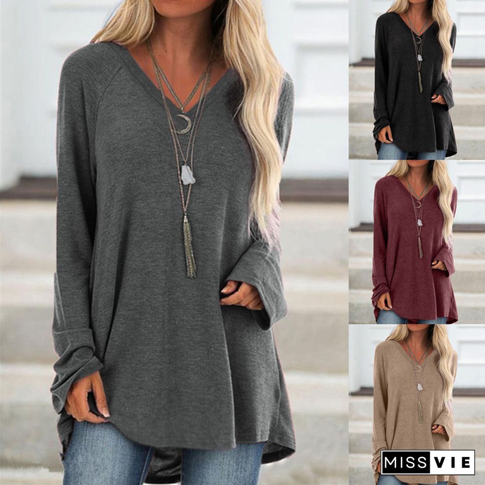 Women's Plain Long Sleeves Loose T-shirt Solid Color V Neck Pullover Tops Autumn Spring Fashion T-shirt Casual Tee