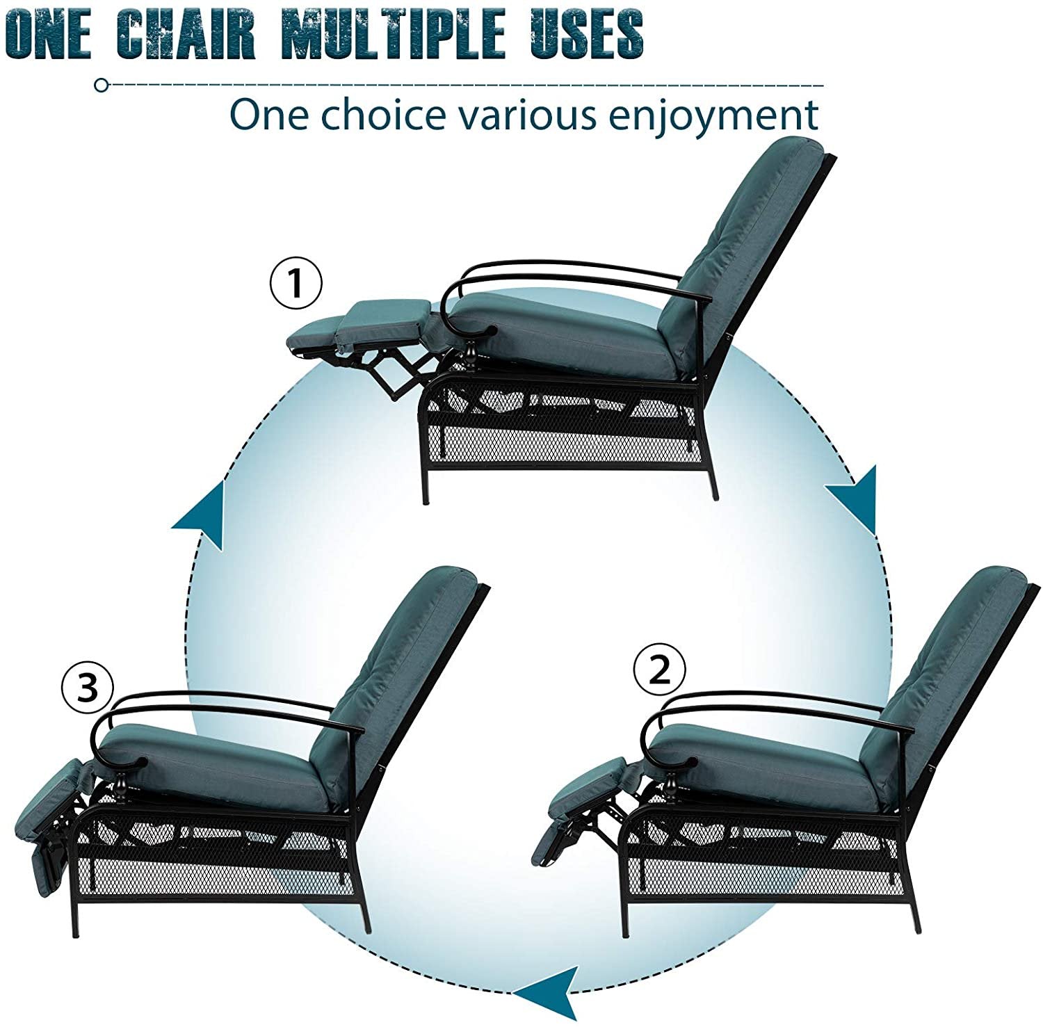 SUNCROWN Patio Recliner Outdoor Adjustable Lounge Chair Outdoor Metal Extendable Furniture Chair with Thick Cushion (Peacock Blue)