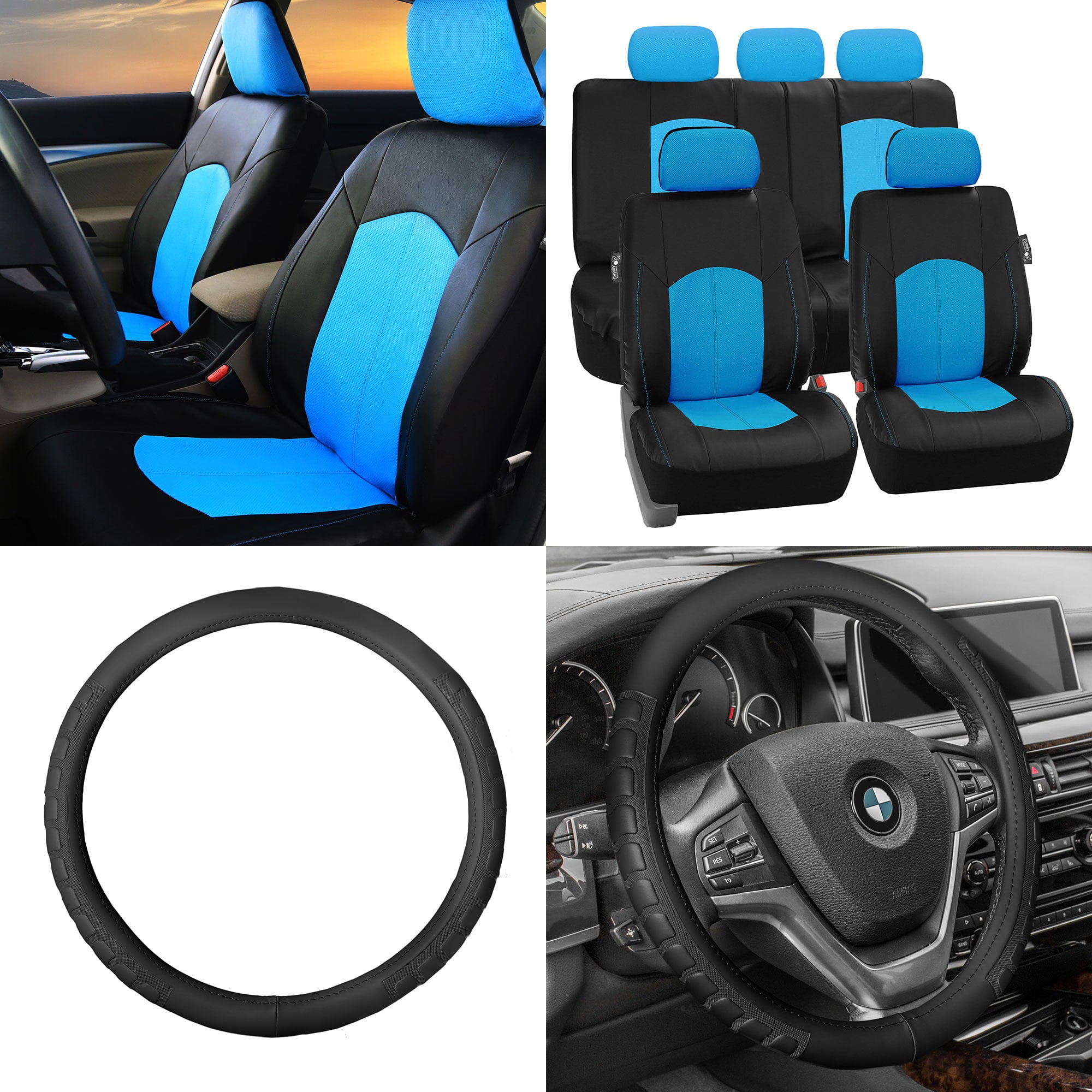 FH Group， Perforated Leather Seat Covers for Auto Car Sedan SUV， Full Set with Leather Steering Wheel Cover， 8 Colors