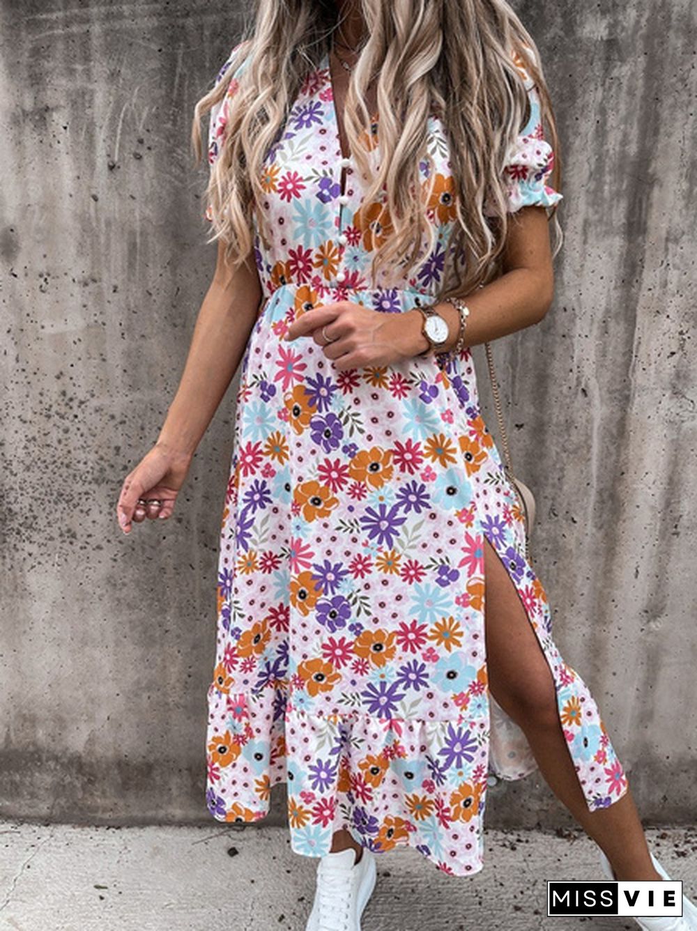 Women Summer Fashion V Neck Short Sleeve Print Long Dress Beach Boho Dress Split Ladies Dress