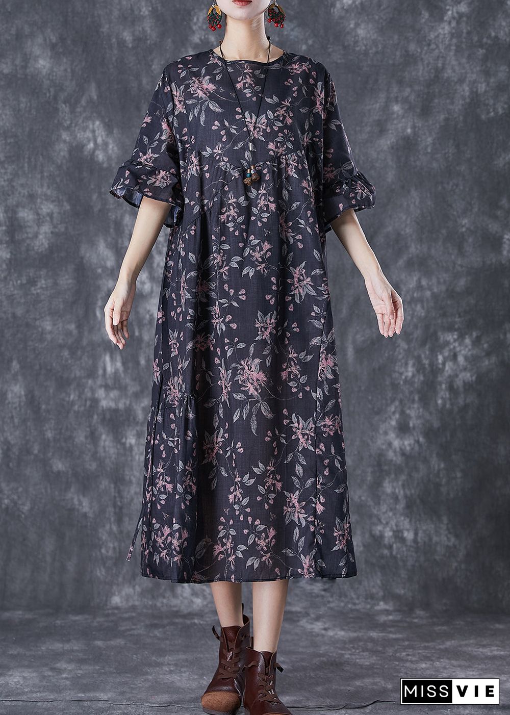 Black Print Patchwork Cotton Dresses Oversized Butterfly Sleeve