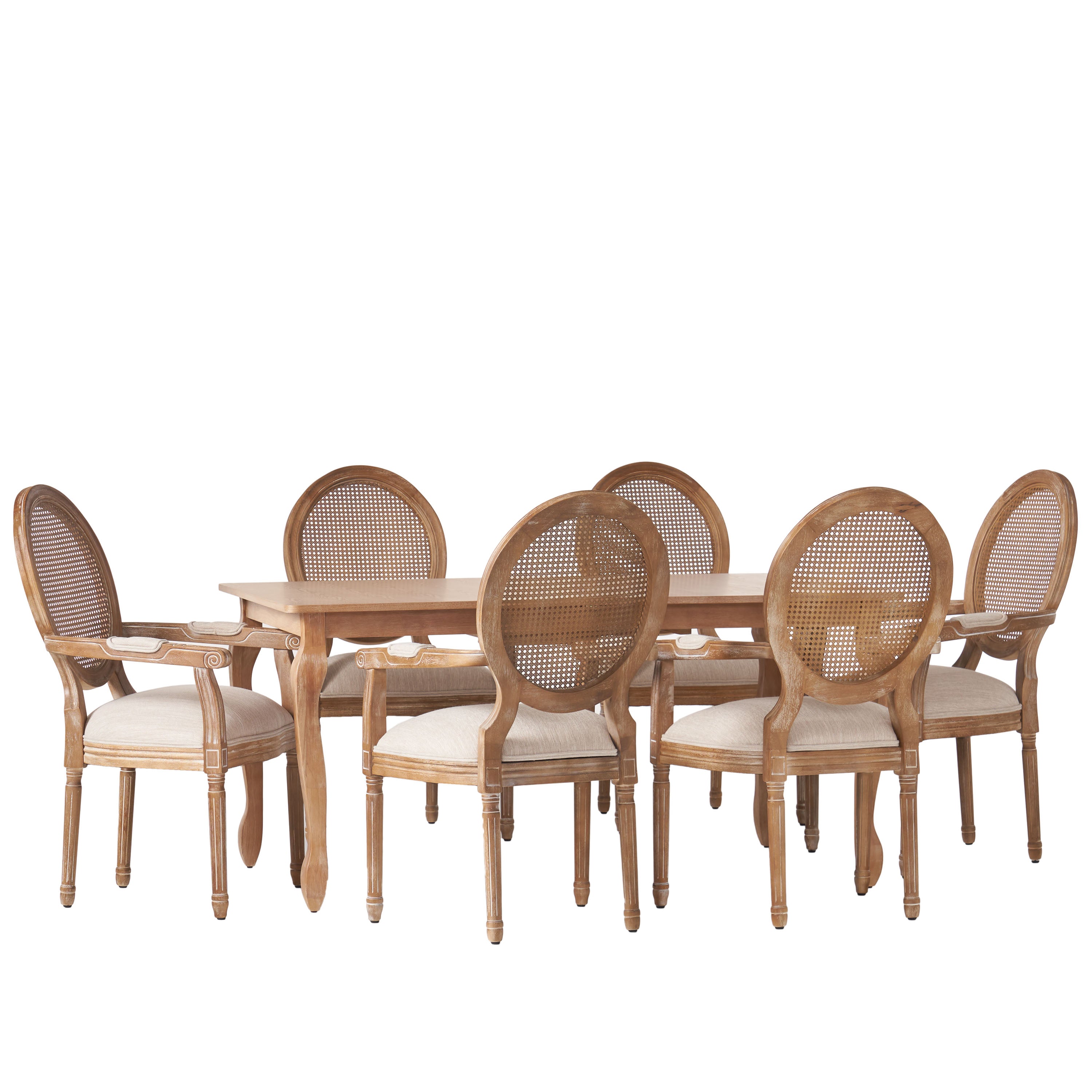 Comisky French Country Fabric Upholstered Wood and Cane Expandable 7 Piece Dining Set