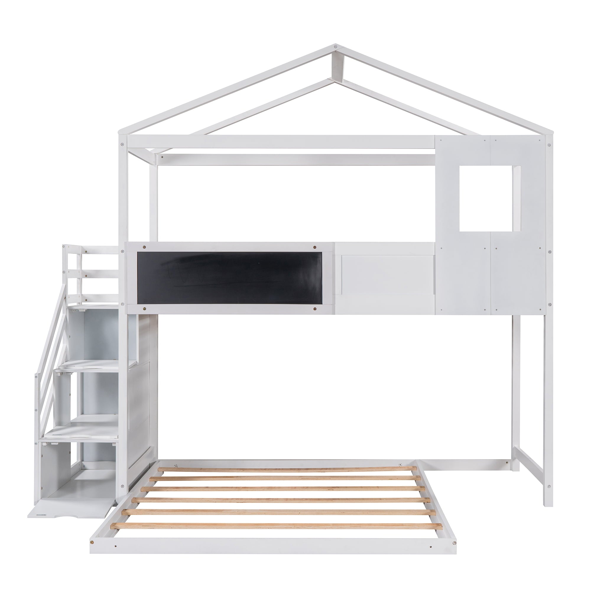 EUROCO Twin over Full House Bunk Bed with Storage Staircase and Blackboard for Kids Bedroom, White