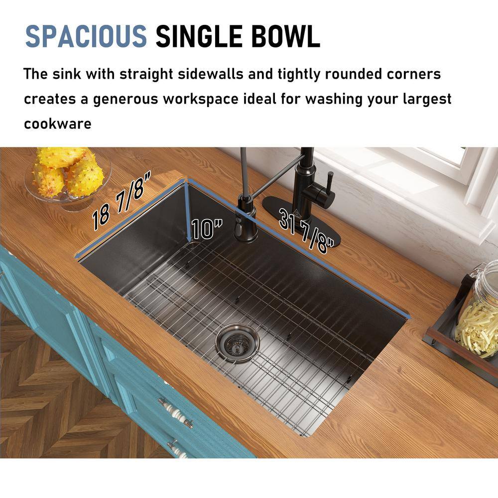 CASAINC All-in-one Matte Black Fireclay 32 in. Single Bowl Undermount Kitchen Sink with Pull Down Faucet and Accessories KCSL0018-UB32MB