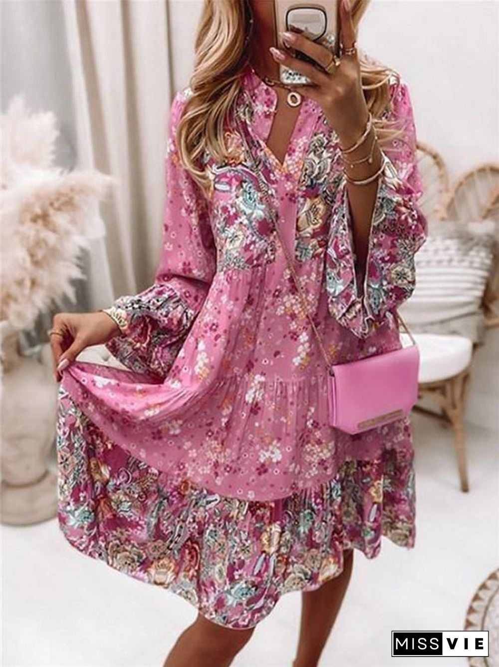 Back To School Outfits   Women Vintage Floral Dress Spring Fashion Flare Sleeve Loose V-Neck Ruffle Mini Dresses Lady Elegant Party Beach Dress Vestidos