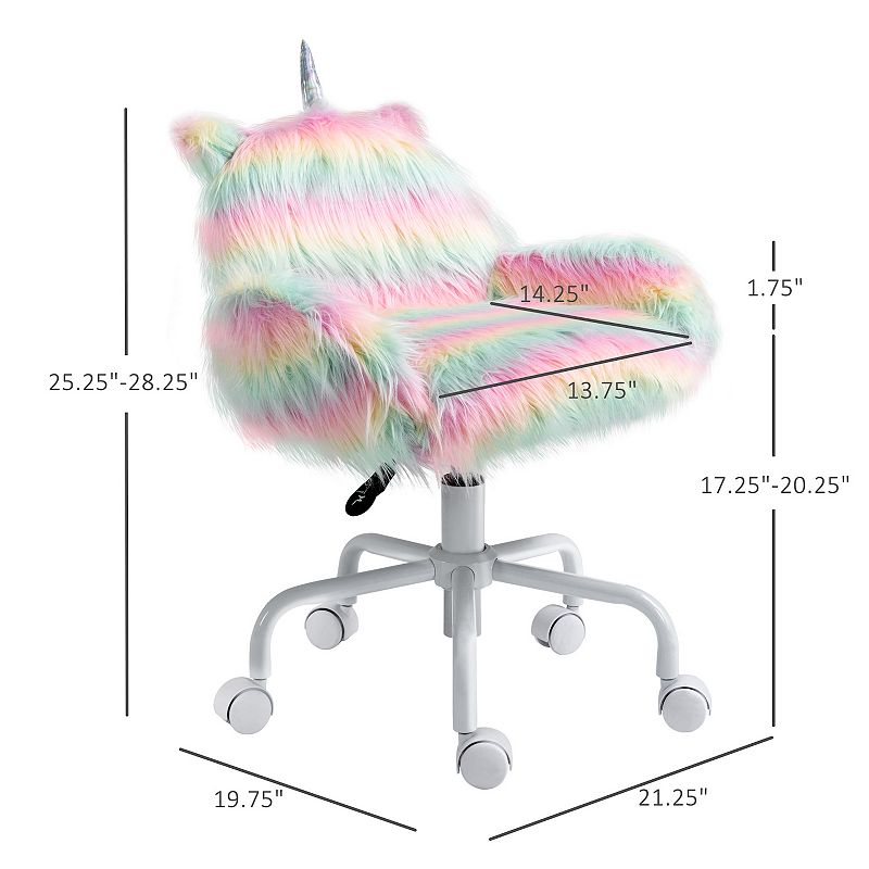 HOMCOM Fluffy Unicorn Office Chair with Mid Back and Armrest Support 5 Star Swivel Wheel White Base Rainbow