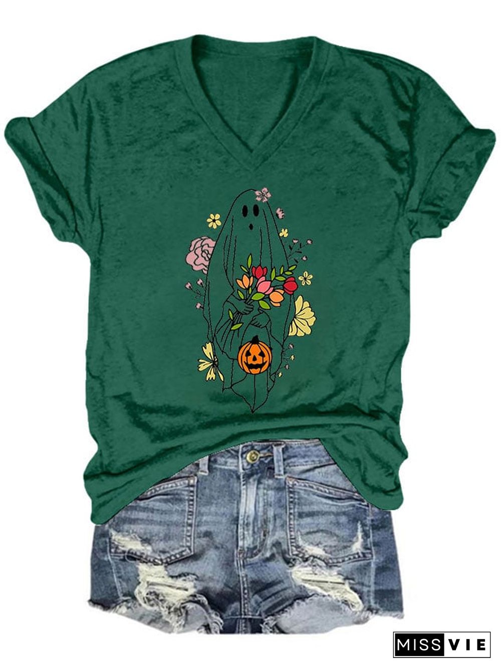 Women's Casual Ghost Art Printed Short Sleeve T-Shirt