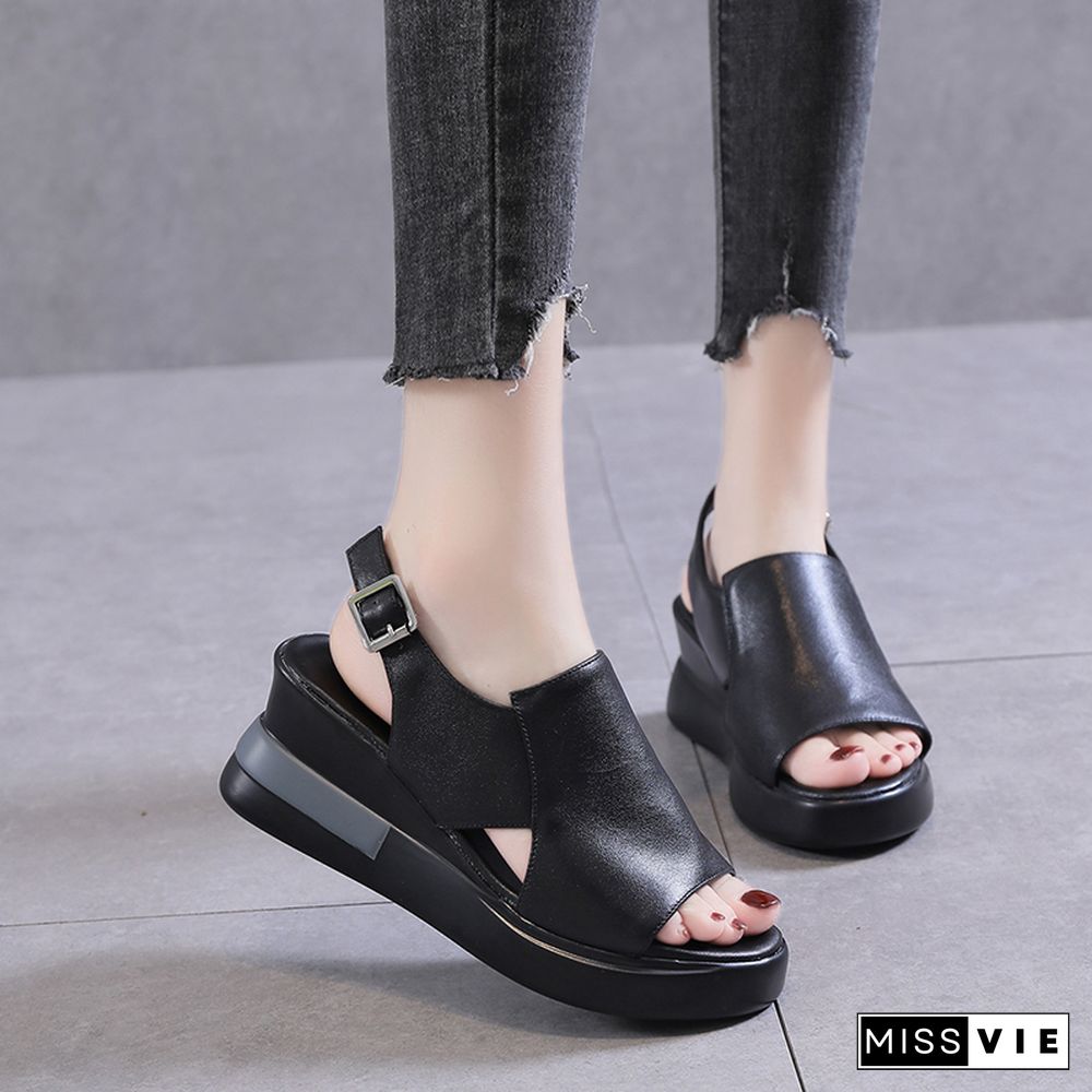 Summer Wedge Shoes For Women Sandals Solid Color Open Toe High Heels Casual Ladies Buckle Strap Fashion Female Sandalias Mujer