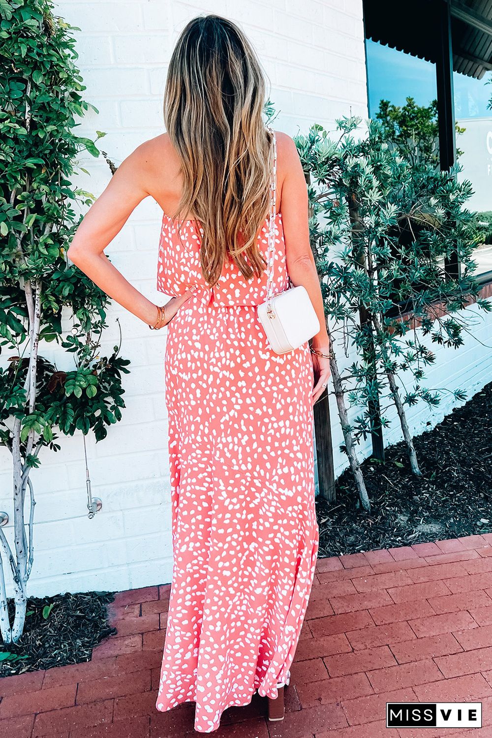 Leopard Print Strapless Maxi Dress with Split