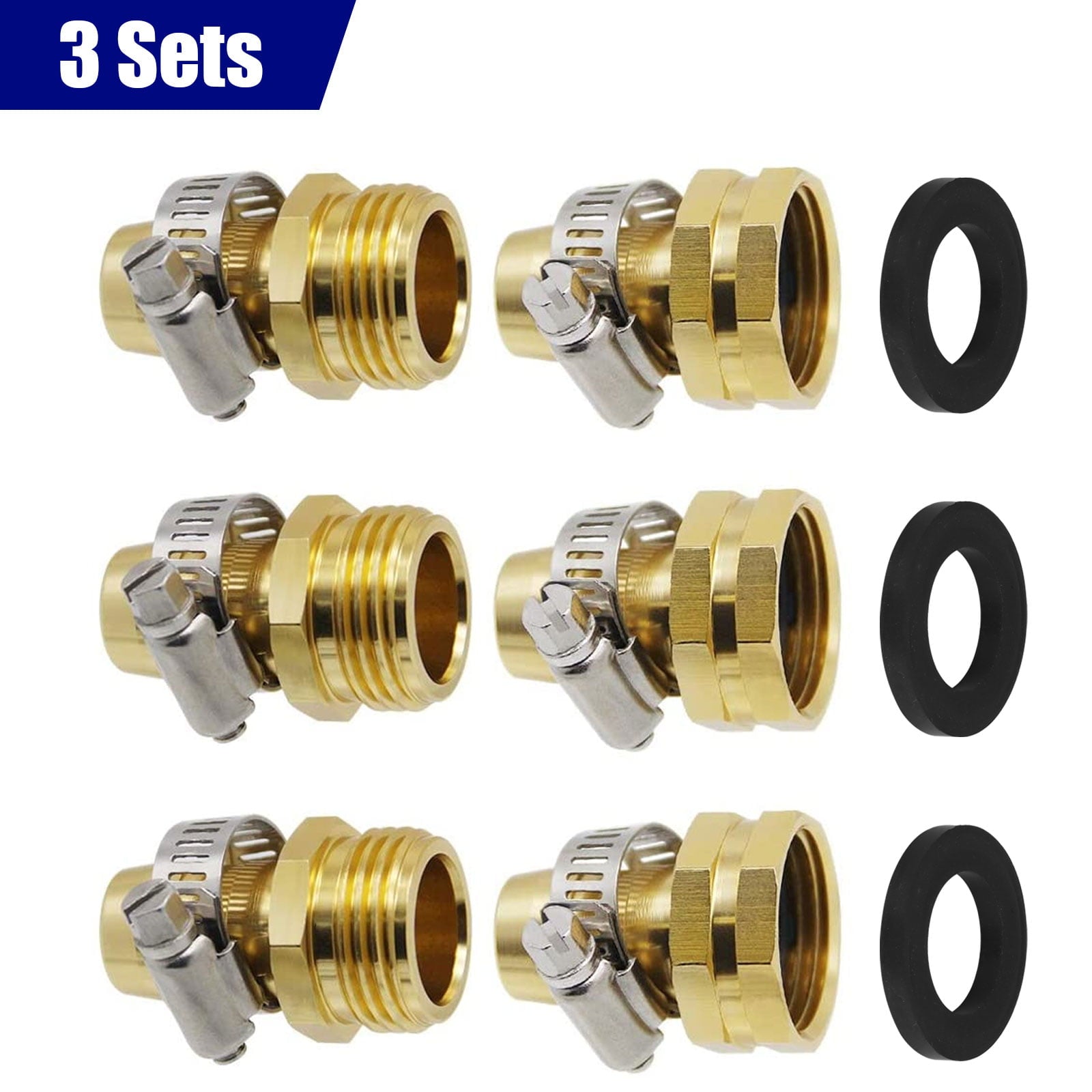 TSV 3 Sets Garden Hose Quick Repair Connector， Solid Brass Hose Repair Kits with Clamps， Fit for 3/4