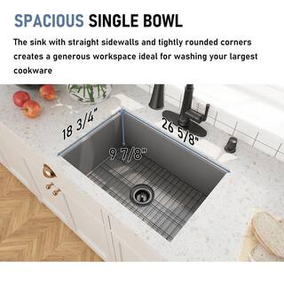 CASAINC All-in-one Matte Gray Fireclay 27 in. Single Bowl Undermount Kitchen Sink with Infrared Sensor Faucet and Accessories KCSL0016-UG27MB