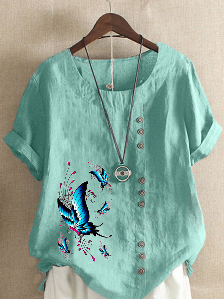 Loose Casual Butterfly Print Crew Neck Short Sleeve Blouse