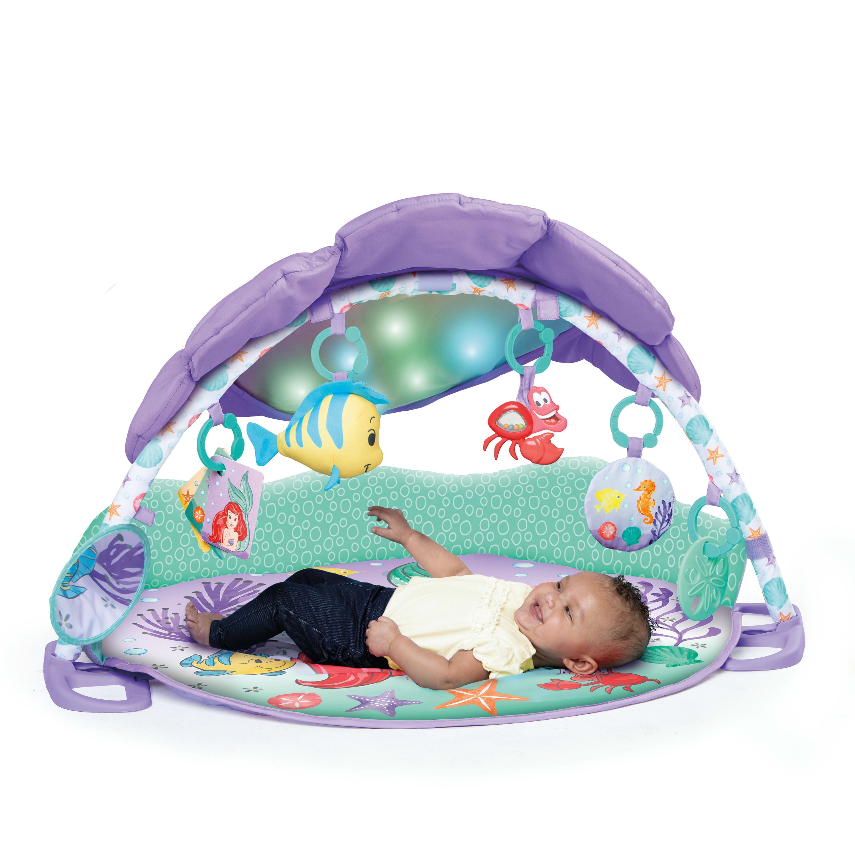 Bright Starts The Little Mermaid Twinkle Trove Light-Up Musical Baby Activity Gym with Tummy Time Pillow， Newborn+